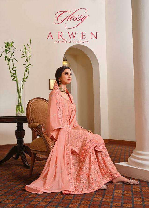GLOSSY ARWEN PURE CHINON EMBROIDERY WORK SUITS WHOLESALE