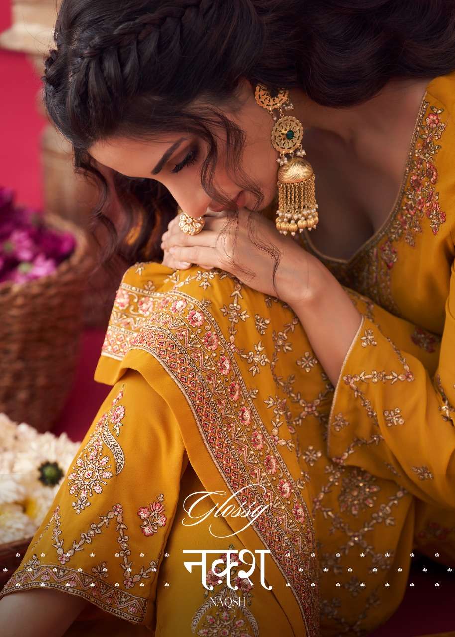 GLOSSY NAQSH DESIGNER PURE GEORGETTE WITH HEAVY EMBROIDERY WORK AND SWAROVSKI WORK PARTYWEAR SUITS WHOLESALE