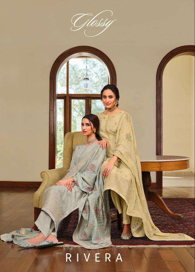 GLOSSY RIVERA VISCOSE DOLA JACQURD WITH SEQUENCE EMBROIDERY WORK PARTYWEAR SUITS WHOLESALE