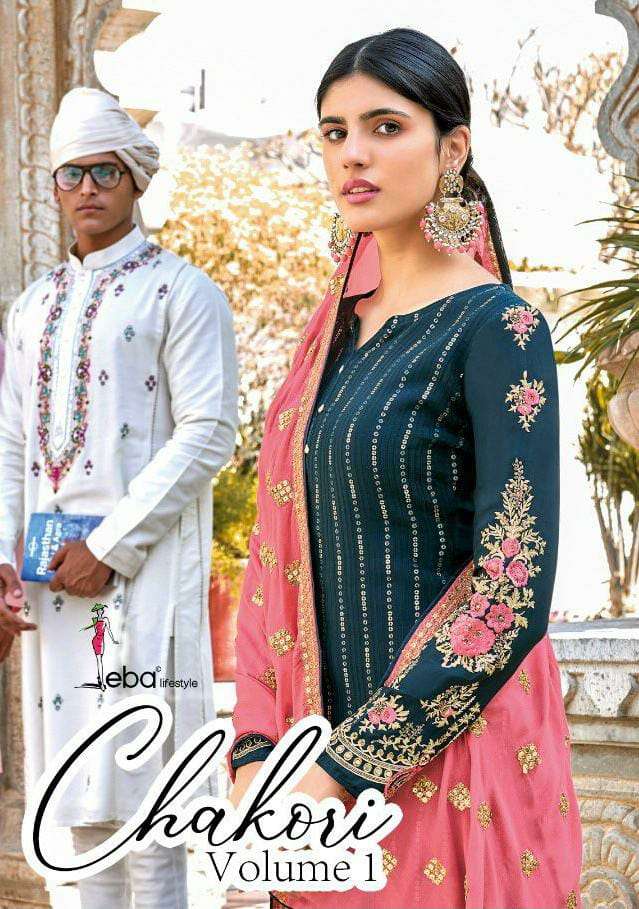 EBA LIFESTYLE CHAKORI VOL 1 DESIGNER CHINON WITH HEAVY EMBROIDERY WORK PARTYWEAR SUITS WHOLESALE