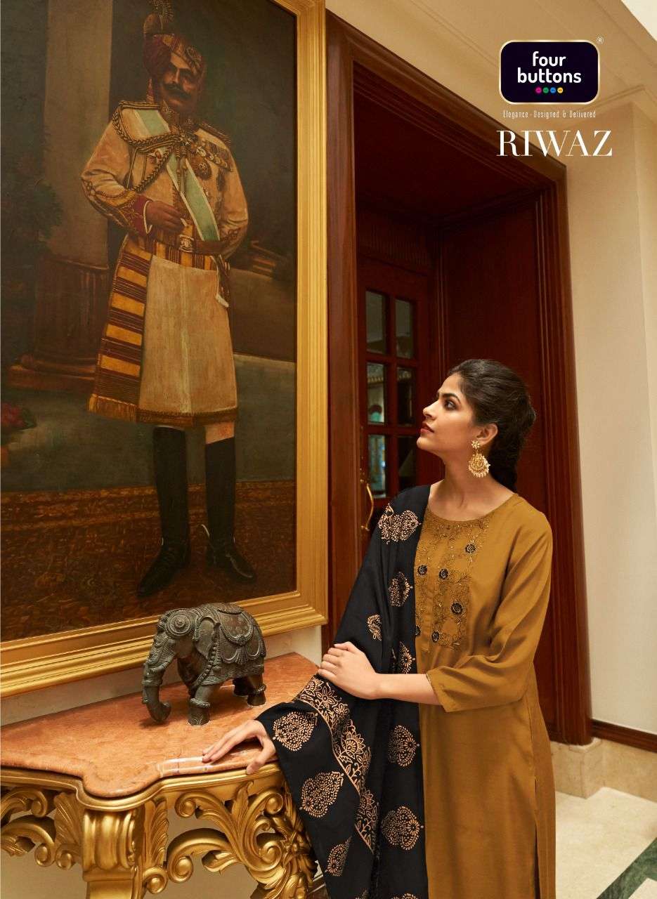 FOUR BUTTONS RIWAZ DESIGNER VISCOSE SILK WITH EMBROIDERY WORK PARTYWEAR READYMADE SUITS WHOLESALE