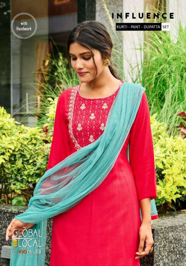 GLOBAL LOCAL INFLUENCE DESIGNER RAYON HANDWORK READYMADE KURTI WITH PANT AND NET DUPATTA SUITS WHOLESALE
