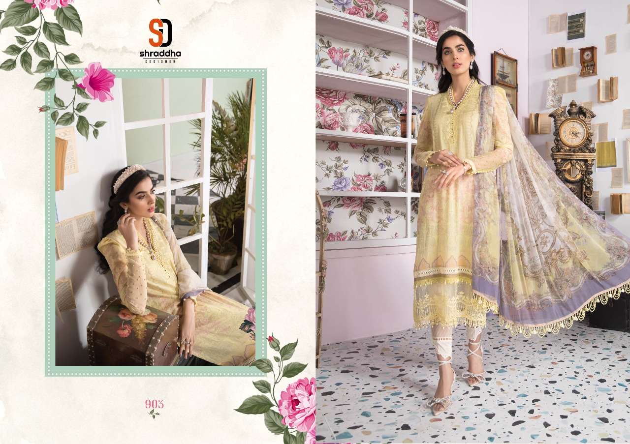 SHARADDHA DESIGNER M PRINT VOL 9 DESIGNER COTTON LAWN WITH EMBROIDERY WORK PAKISTANI PATTERN SUITS IN SINGLES
