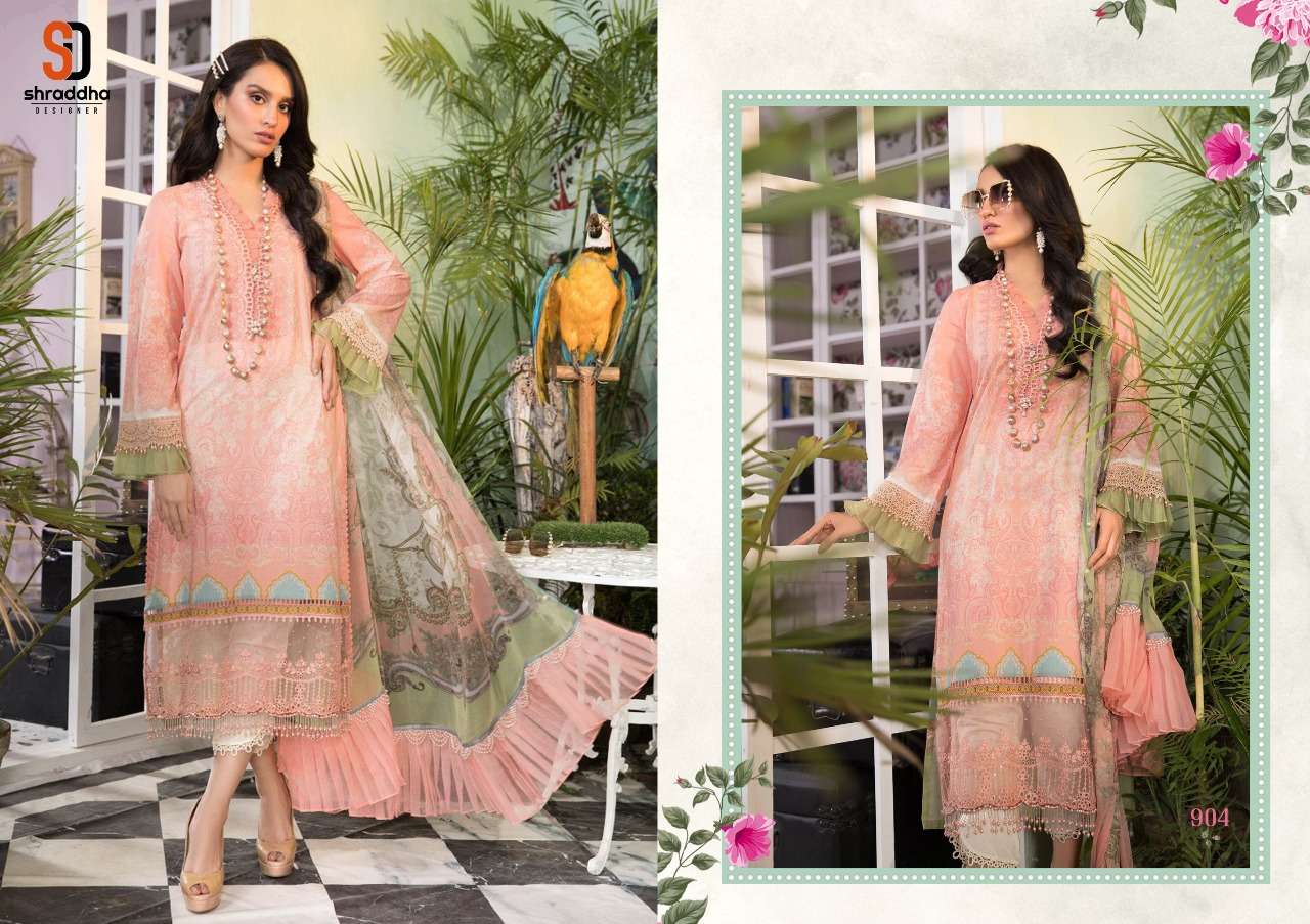 SHARADDHA DESIGNER M PRINT VOL 9 DESIGNER LAWN COTTON PRINTED WITH EMBROIDERY WORK PAKISTANI REPLICA SUITS IN SINGLES