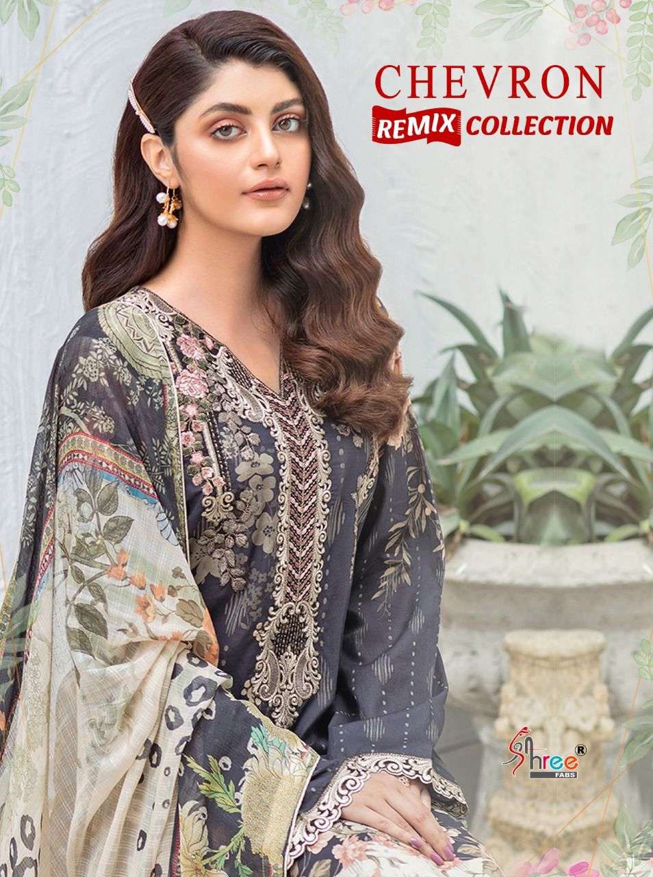 SHREE FAB CHEVRON REMIX COLLECTION DESIGNER LAWN COTTON PRINT WITH SELF EMBROIDERY AND PATCH WORK PAKISTANI REPLICA SUITS WHOLESALE