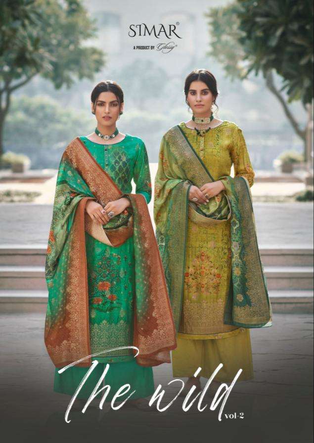 SIMAR GLOSSY THE WILD DESIGNER DOLA JACQURD DIGITAL PRINT WITH EMBROIDERY WORK SUITS WHOLESALE