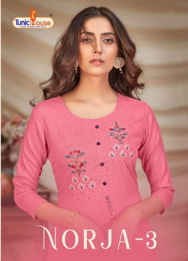 TUNIC HOUSE NORJA VOL 3 DESIGNER VISCOSE RAYON WITH EMBROIDERY AND HANDWORK KURTIS WHOLESALE