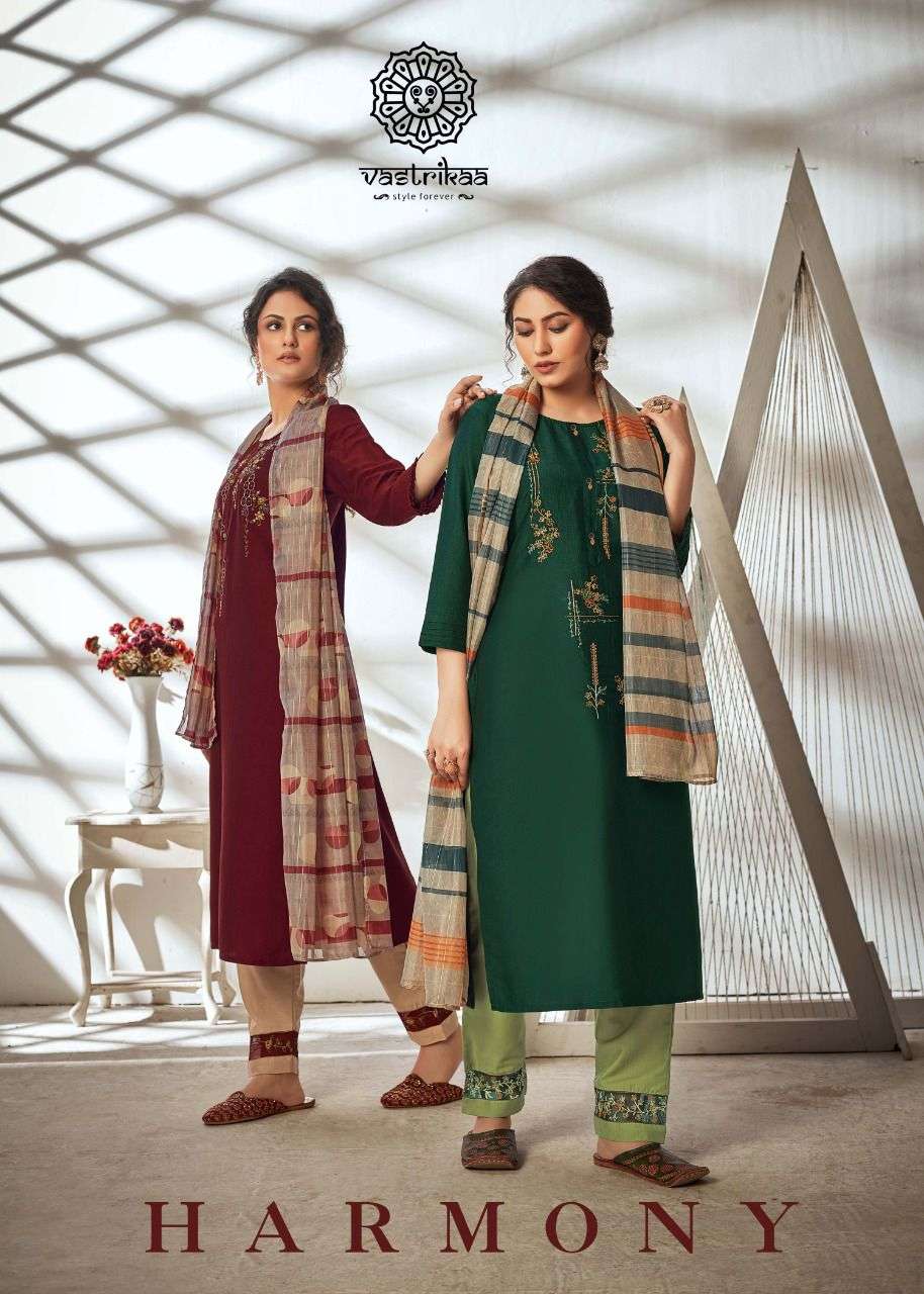 VASTRIKAA HARMONY DESIGNER CHINON SILK WITH EMBROIDERY WORK READYMADE PARTYWEAR SUITS WHOLESALE