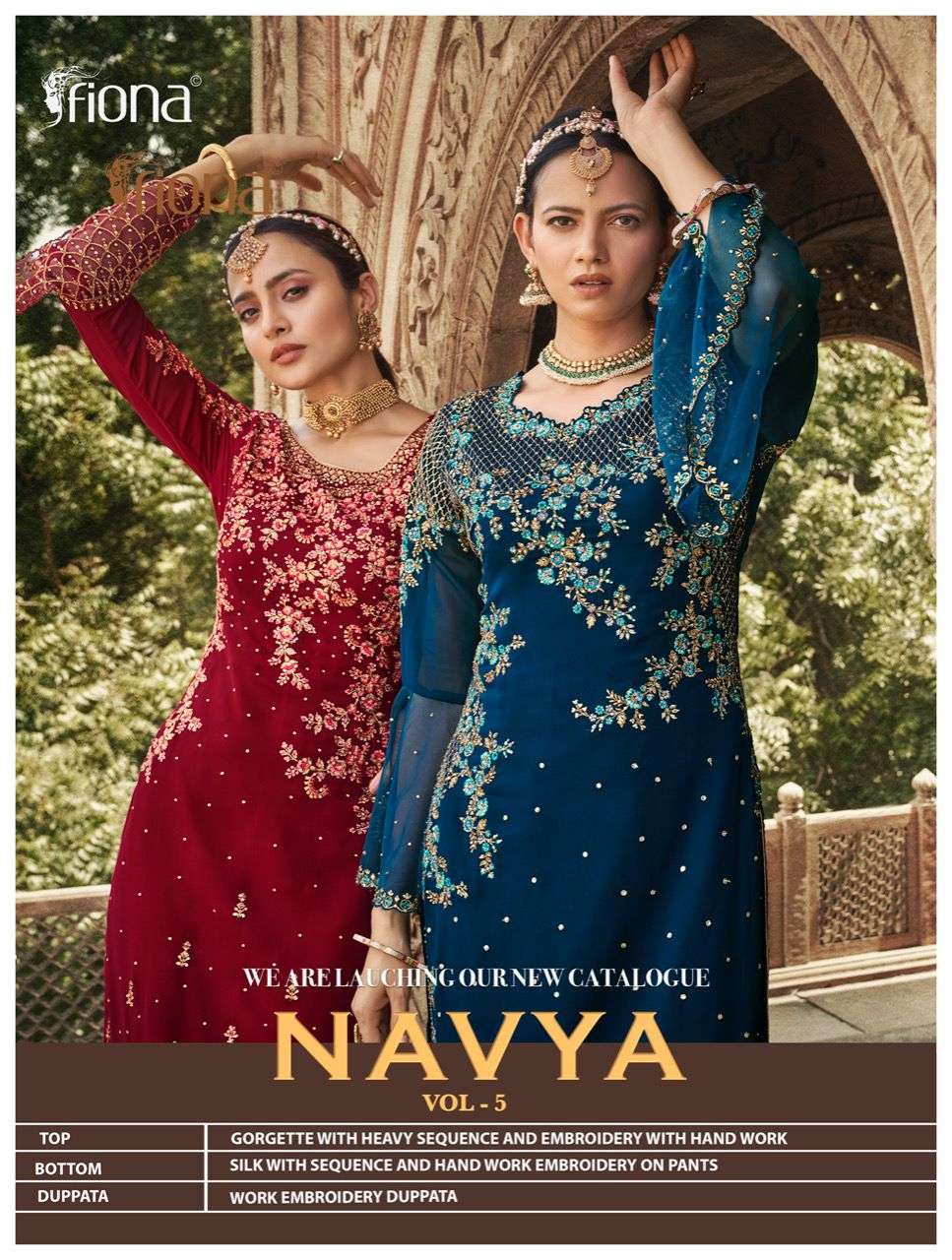 FIONA NAVYA VOL 5 DESIGNER GEORGETTE WITH HEAVY EMBROIDERY WORK SEQUENCE WORK PARTYWEAR HEAVY SUITS WHOLESALE