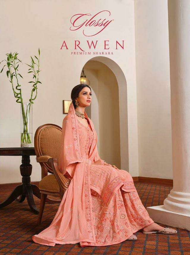 GLOSSY ARWEN DESIGNER CHINON EMBROIDERY WORK HEAVY PARTYWEAR SUITS WHOLESALE