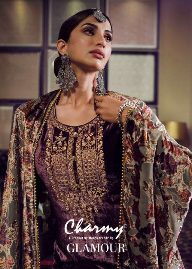 MEERA TRENDZ CHARMY GLAMOUR DESIGNER VELVET WITH EMBROIDERY WORK HEAVY PARTYWEAR SUITS WHOLESALE