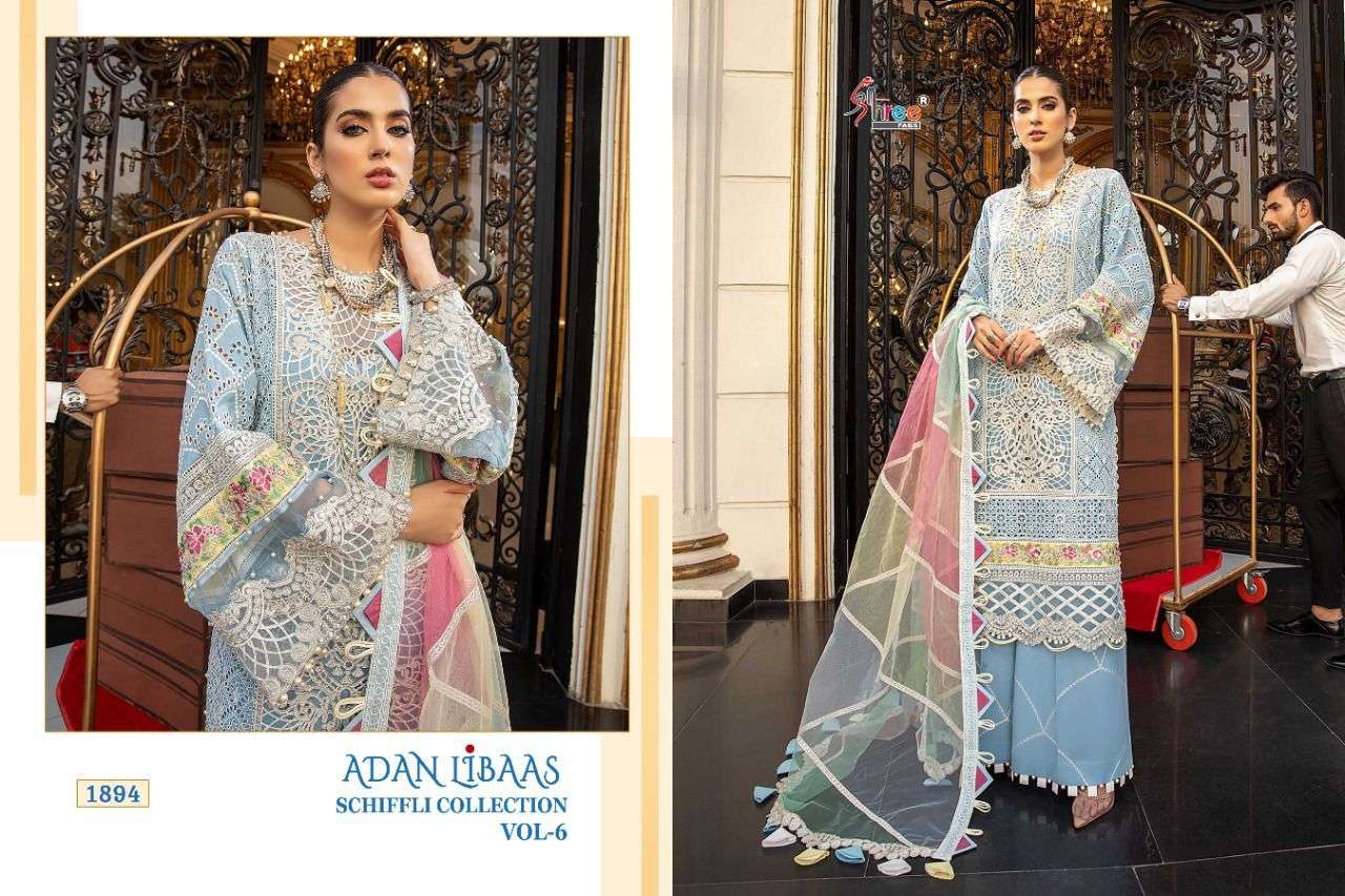 SHREE FAB ADNAN LIBAS SCHIFFLI COLLECTION VOL 6 DESIGNER LAWN COTTON WITH EMBROIDERY WORK PAKISTANI PATTERN SUITS IN SINGLES