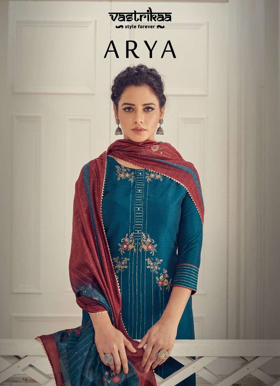 VASTRIKAA ARYA DESIGNER CHINON DOBBY EMBROIDERY AND HANDWORK PARTYWEAR READYMADE SUITS WHOLESALE
