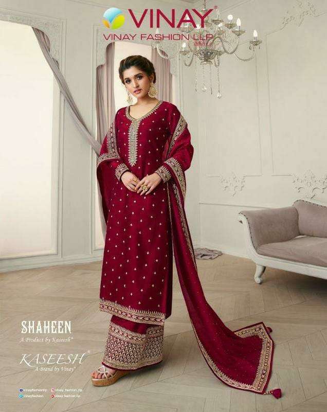 VINAY FASHION KASHEESH SHAHEEN DESIGNER SILK GEORGETTE WITH EMBROIDERY WORK HEAVY PARTYWEAR SUITS WHOLESALE