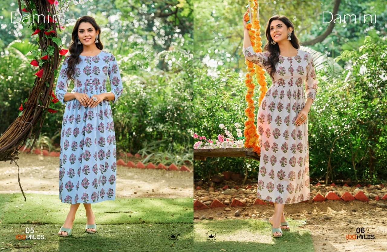 100 Miles Damini Designer pure cotton Long Kurti with lace and printex work In Wholesale Rate