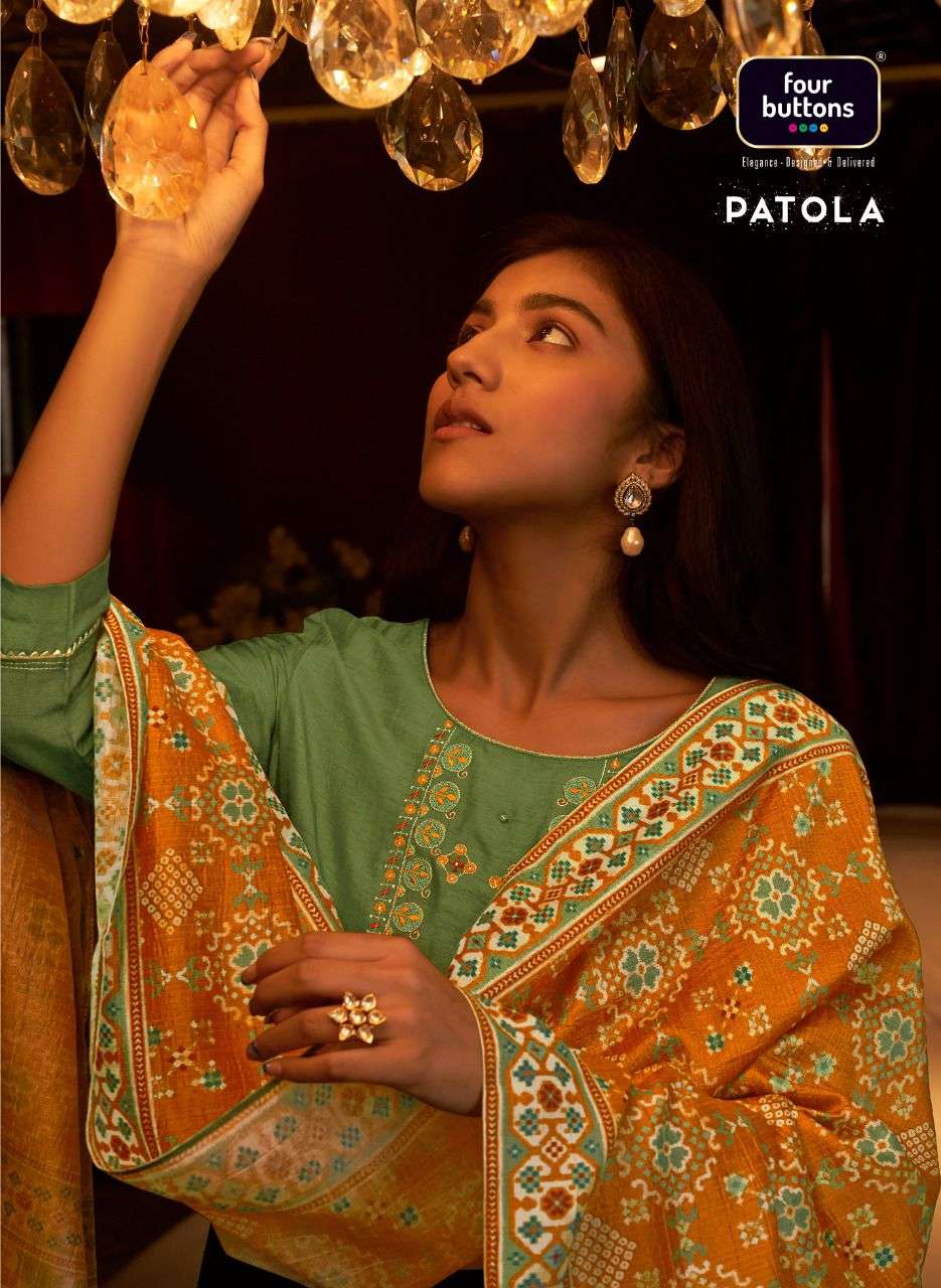 FOUR BUTTONS PATOLA DESIGNER EMBROIDERED DOLA SILK PARTY WEAR KURTI IN WHOLESALE RATE