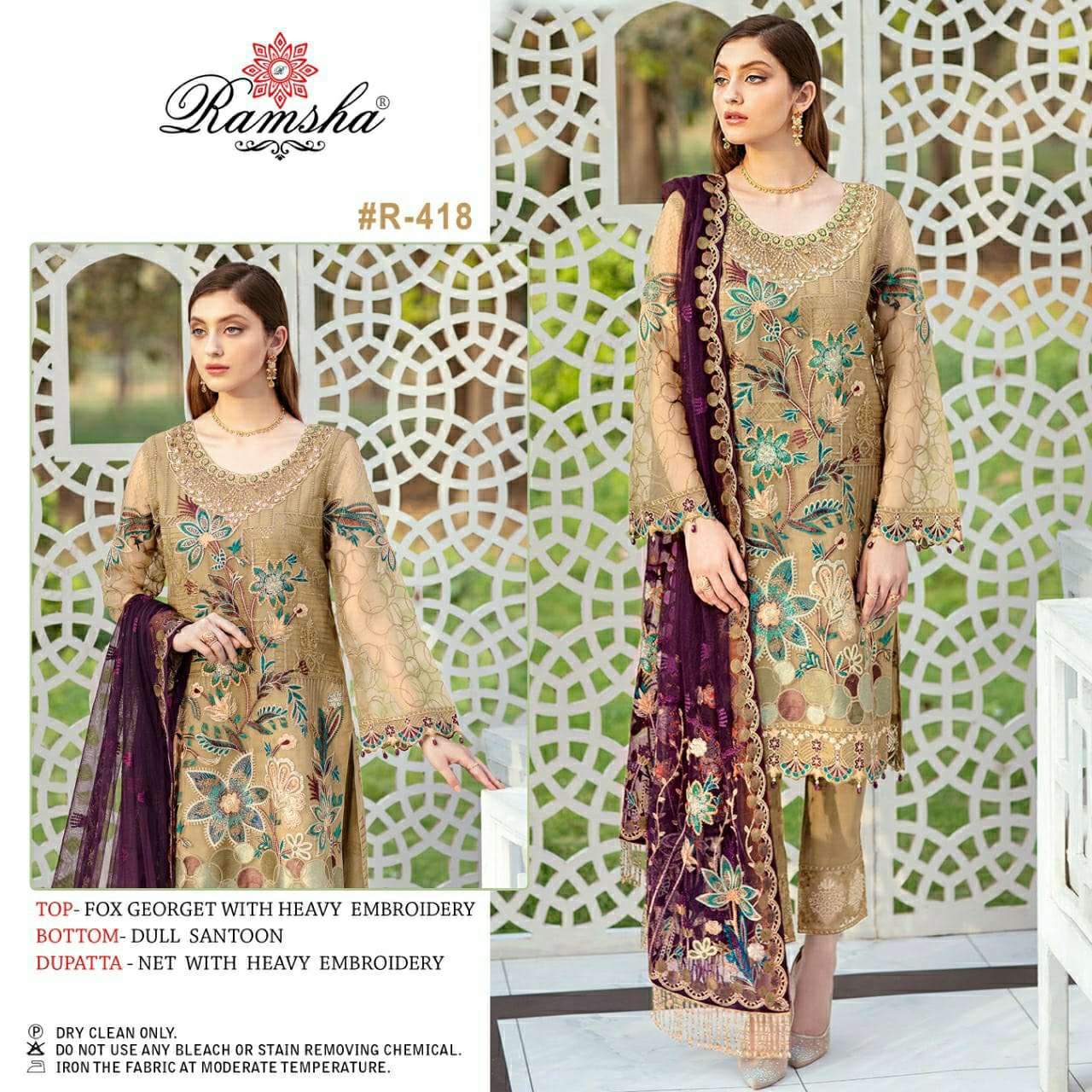 Ramsha R 418 Georgette with Heavy Embroidery Pakistani style Full Work party wear Suits 