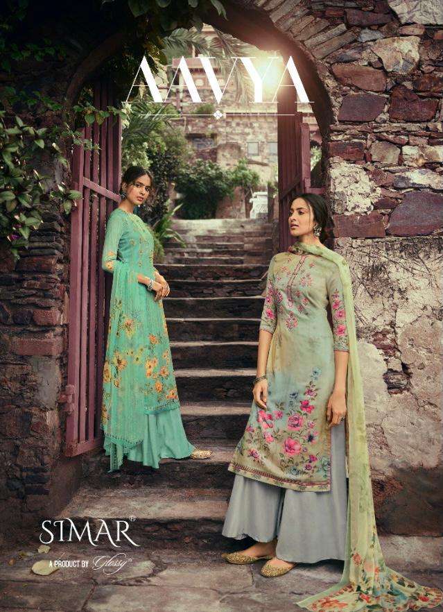 SIMAR GLOSSY AAVYA DESIGNER JAM SATIN DIGITAL PRINT WITH EMBROIDERY WORK PARTYWEAR SUITS WHOLESALE