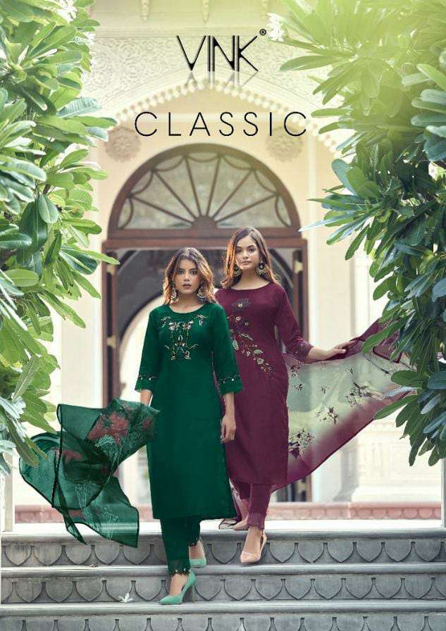 VINK CLASSIC ORGGANZA SILK WITH HANDWORK KURTA WITH PANT AND DUPATTA READYMADE PARTYWEAR WHOLESALE