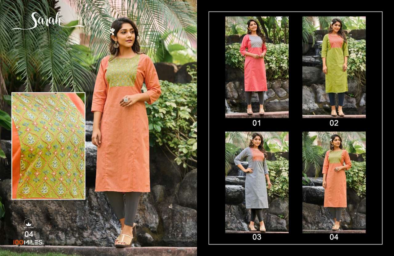 100 Miles Sarah Designer pure Dobby cotton Long Kurti with Fancy work In Wholesale Rate