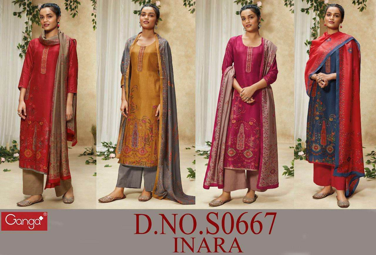 Ganga Inaara  667 designer Premium Bemberg Silk with heavy embroidery party wear suits in wholesale rate