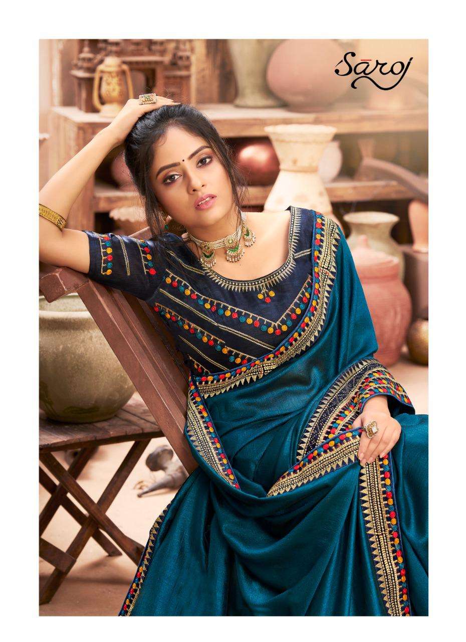 Saroj sarees Aagman designer soft  vichitra silk with Heavy embroidery border and diamond work in wholesale rate