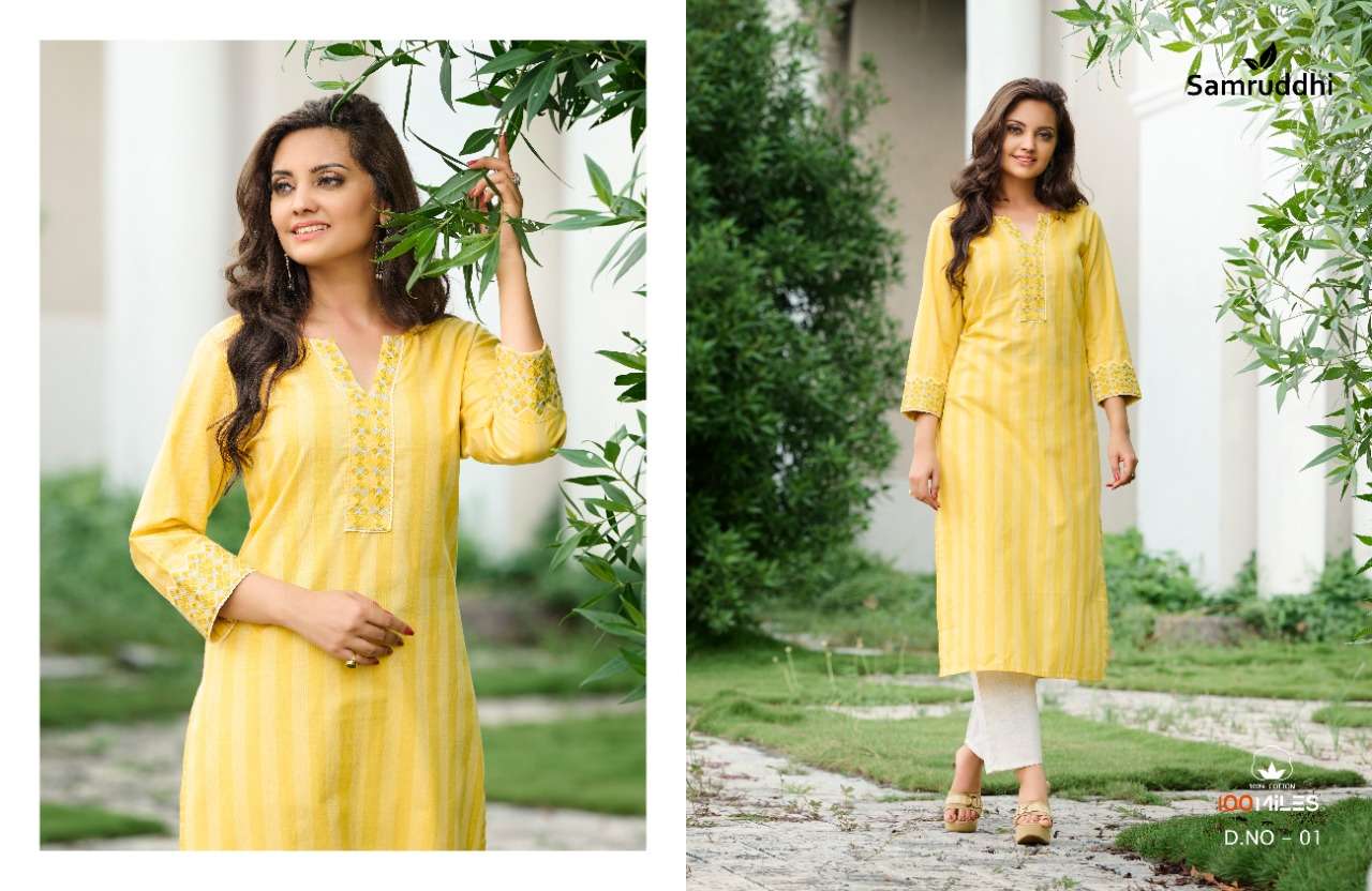 100MILES SAMRUDDHI DESIGNER COTTON EMBROIDERED DAILY WEAR AND OFFICE WEAR KURTI IN WHOLESALE RATE