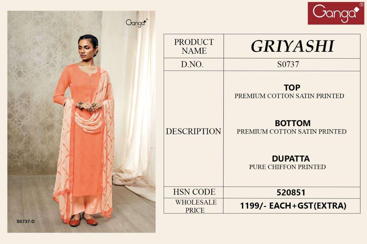 Ganga Griyashi 737 designer Premium Cotton satin with heavy embroidery party wear suits in wholesale rate