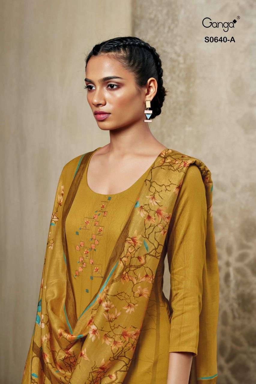 GANGA TANSY 640 DESIGNER EMBROIDERY WITH COTTON SATIN PRINTED SUITS IN WHOLESALE RATE