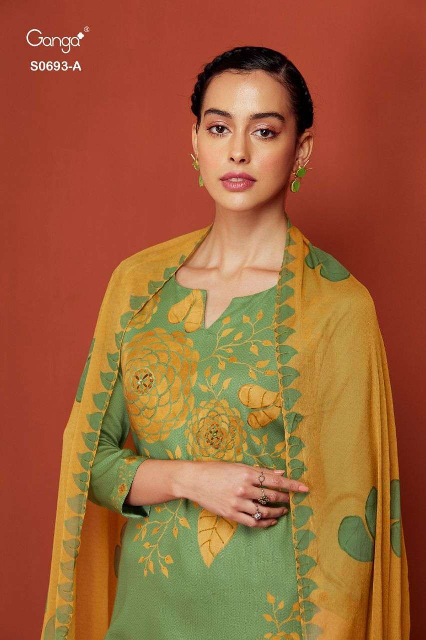 GANGA TANSY 693 DESIGNER HAND CRAFTED EMBROIDERY WITH COTTON SATIN PRINTED SUITS IN WHOLESALE RATE