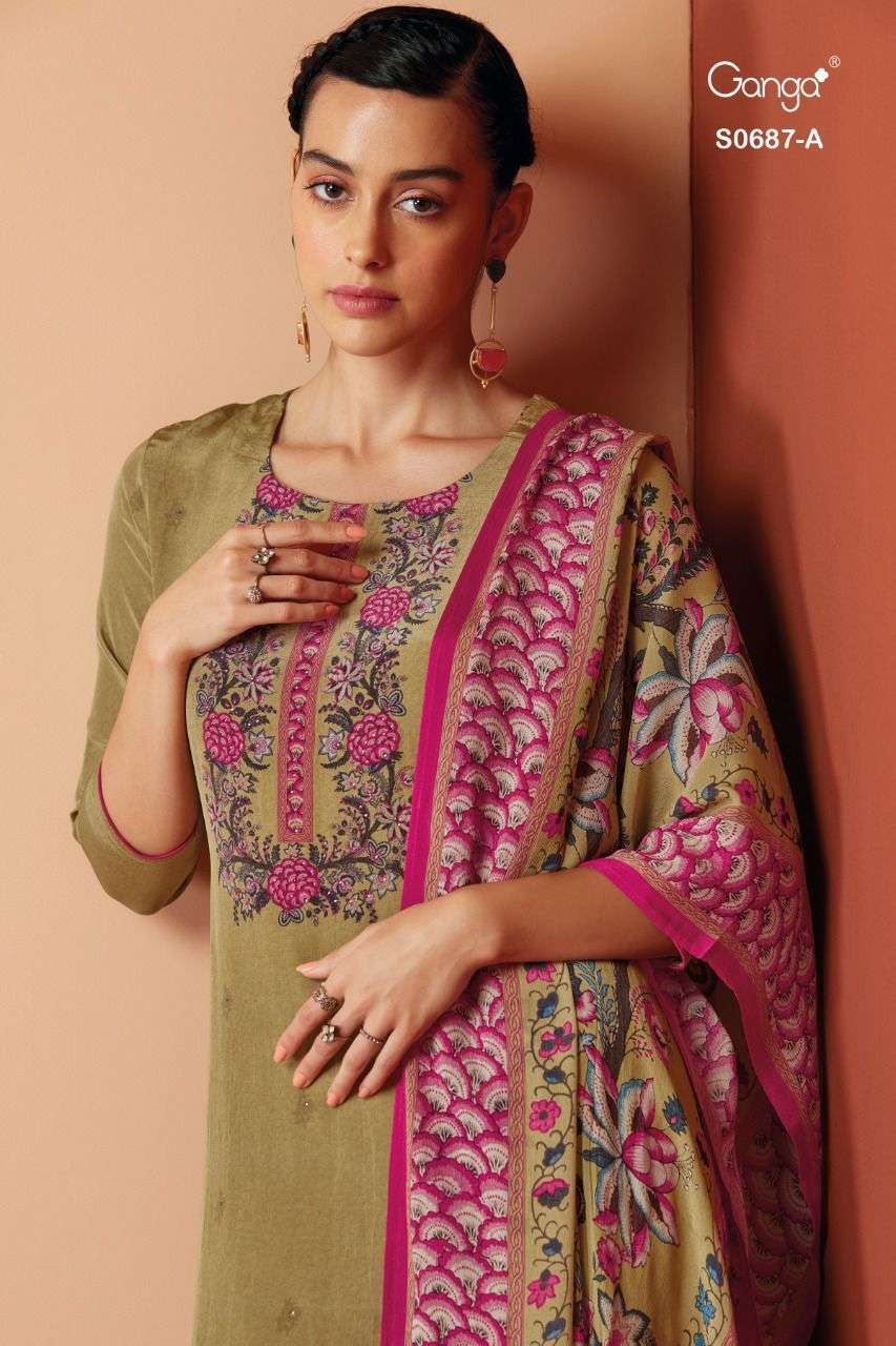 GANGA WILLA 687 DESIGNER EMBROIDERY WORK AND HANDWORK WITH BEMBERG CREPE PRINTED SUITS IN WHOLESALE RATE