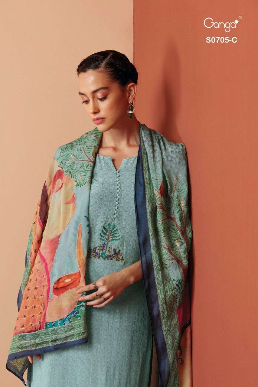 GANGA ZANNA 705 DESIGNER EMBROIDERY WORK WITH BEMBERG CREPE PRINTED SUITS IN WHOLESALE RATE