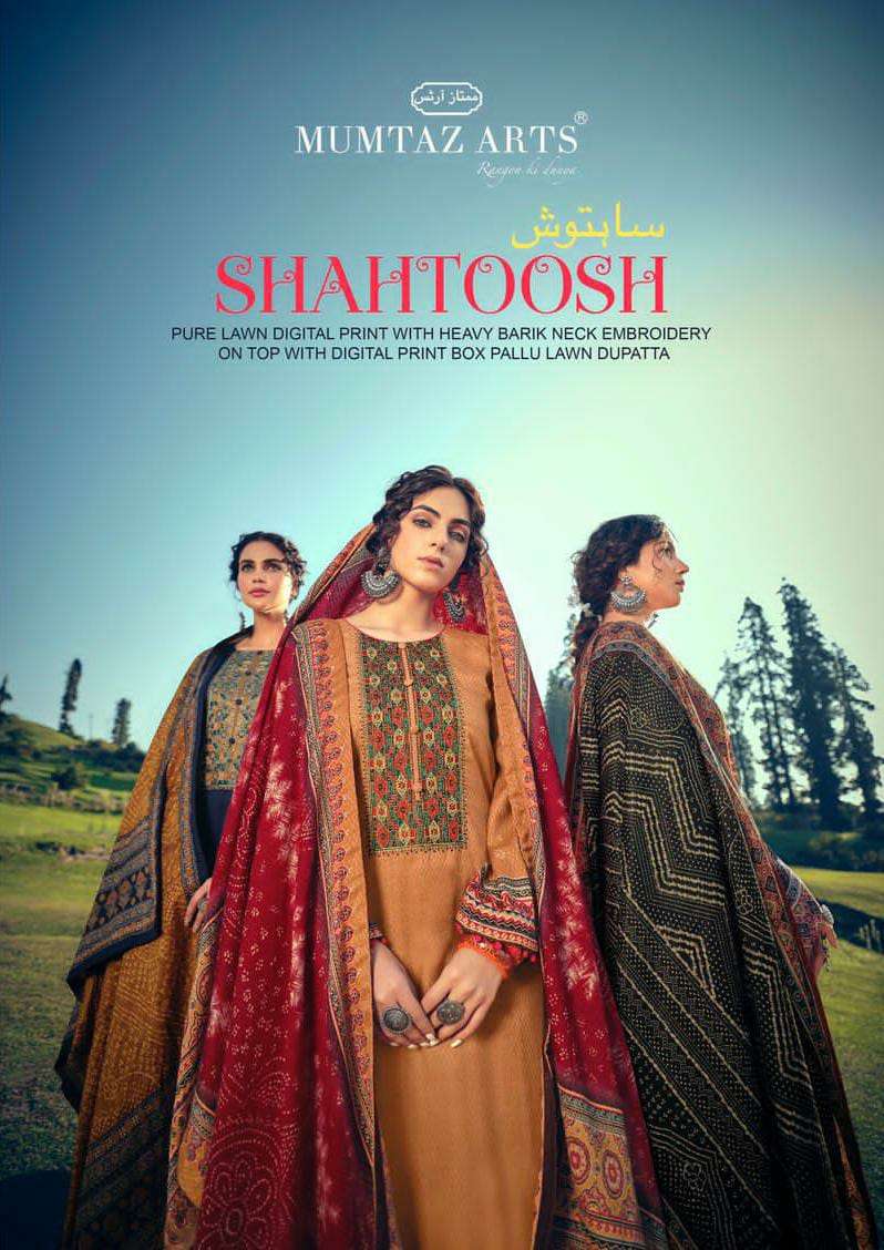 MUMTAZ ARTS SHAHTOOSH DESIGNER NECK EMBROIDERY WITH LAWN COTTON PRINTED SUITS IN WHOLESALE RATE