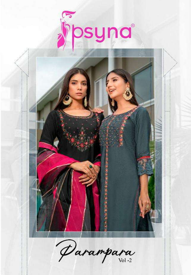 Psyna Paramapar vol 2 Designer viscose Silk with got embroidery party wear suits in wholesale Rate. 