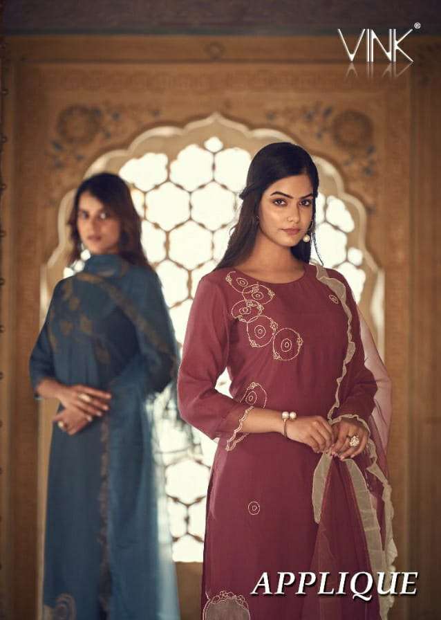 VINK APPLIQUE DESIGNER HANDWORK WITH APPLIQUE WORK PARTY WEAR KURTI WITH PANT AND DUPATTA IN WHOLESALE RATE
