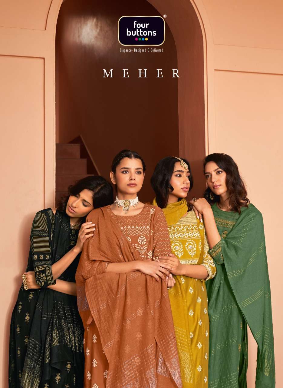 FOUR BUTTONS MEHER DESIGNER HANDWORK WITH VISCOSE SILK KHADI PRINTED READYMADE SUITS IN WHOLESALE RATE