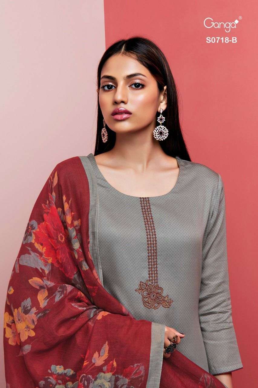 GANGA INNA 718 DESIGNER HANDWORK AND EMBROIDERY WITH COTTON SATIN PRINTED SUITS IN WHOLESALE RATE