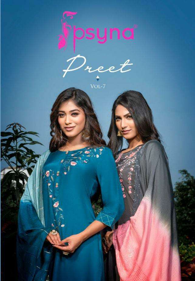 PSYNA PREET VOL 7 DESIGNER WORK WITH VISCOSE SILK PARTY WEAR SUITS IN WHOLESALE RATE