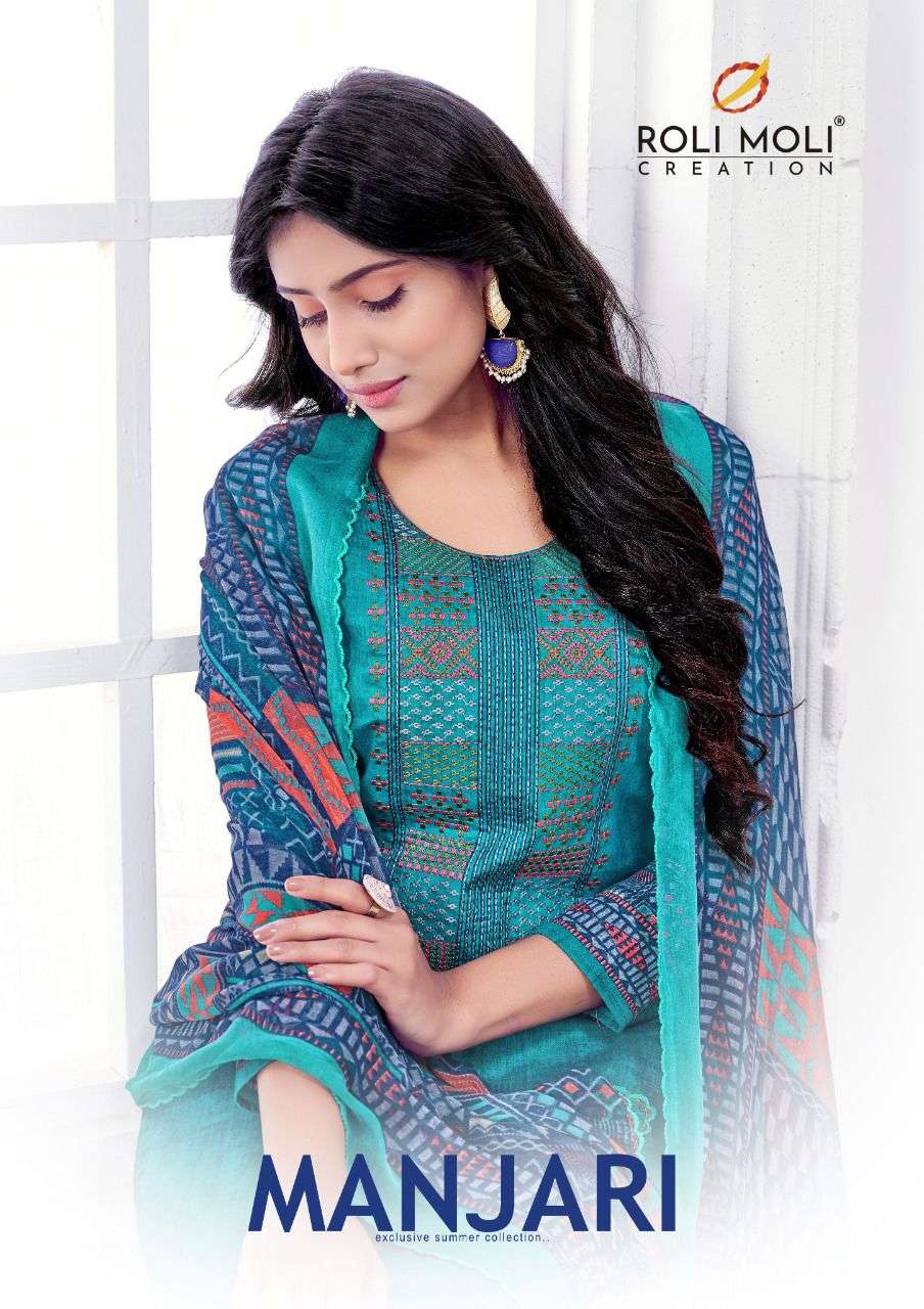 ROLI MOLI MANJARI DESIGN EXCLUSIVE EMBROIDERY WITH COTTON FANCY PRINTED SUITS IN WHOLESALE RATE