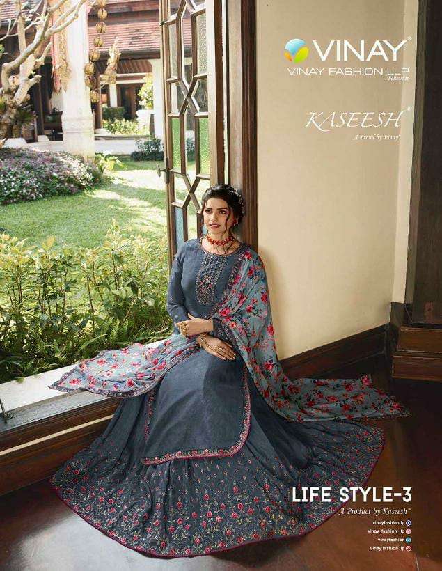 VINAY LIFESTYLE VOL 3 DESIGNER MUSLIN SATIN EMBROIDERED SUITS IN WHOLESALE RATE