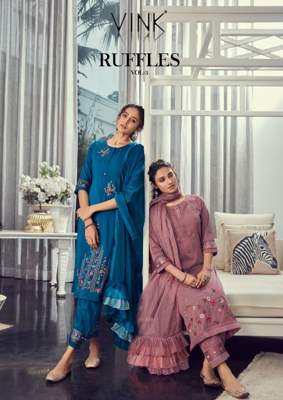 VINK RUFFLES VOL 3 DESIGNER SILK BASE PARTY WEAR READYMADE SUITS IN WHOLESALE RATE