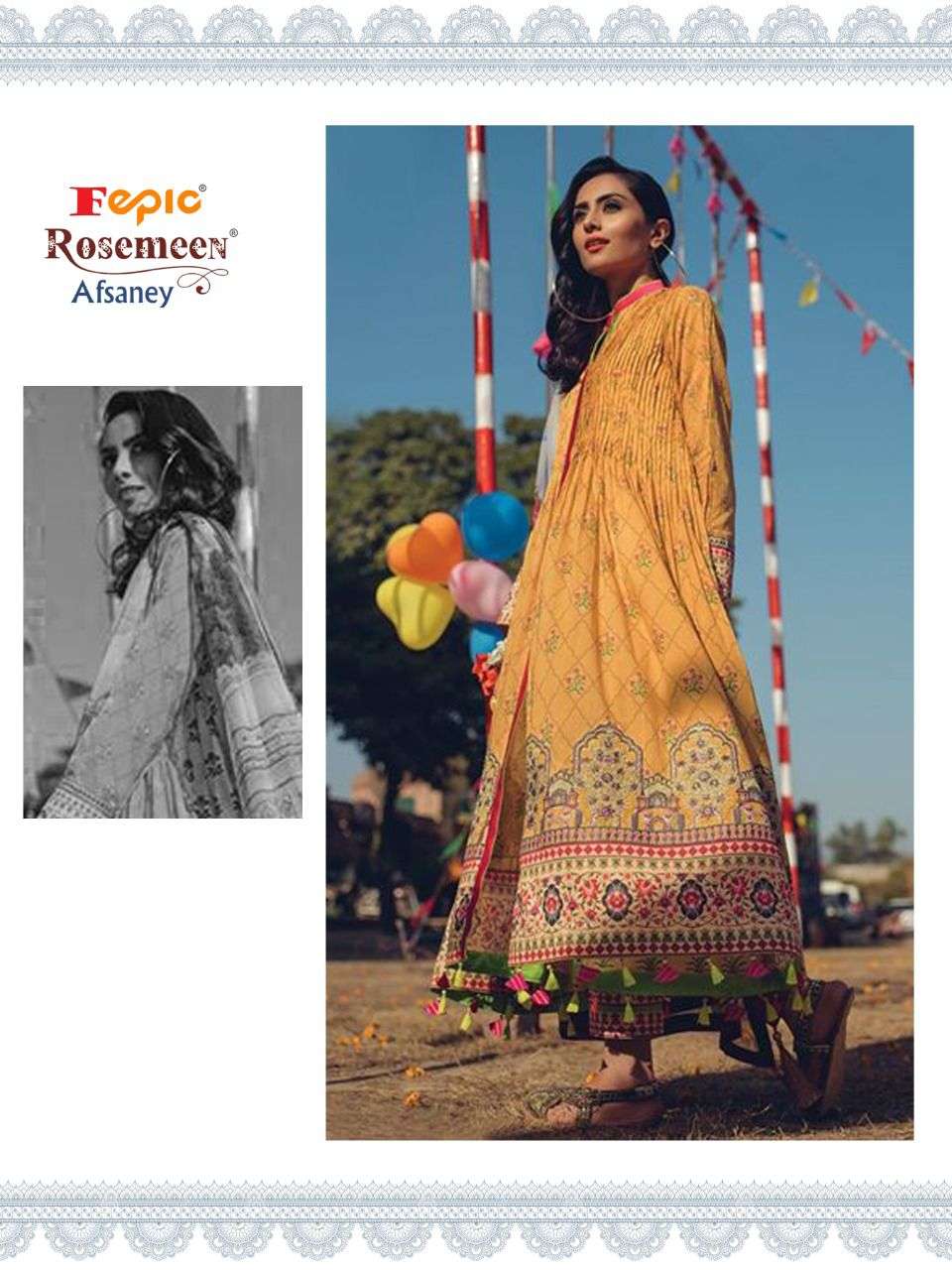 FEPIC ROSEMEEN AFSANEY DESIGNER EMBROIDERED PATCHES WITH CAMBRIC COTTON PRINTED SUITS IN WHOLESALE RATE