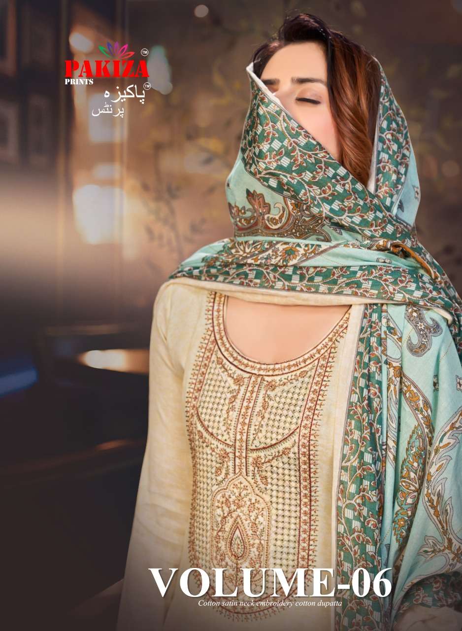 PAKIZA VOLUME 6 DESIGNER COTTON SATIN SELF PRINTED WITH KASHMIRI EMBROIDERED SUITS IN WHOLESALE RATE