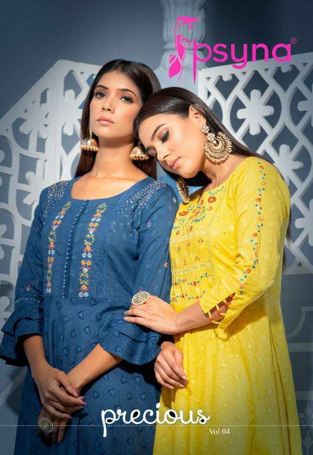 PSYNA PRECIOUS VOL 4 DESIGNER COTTON EMBROIDERED GOWNS TYPE KURTIS COLLECTION IN WHOLESALE RATE