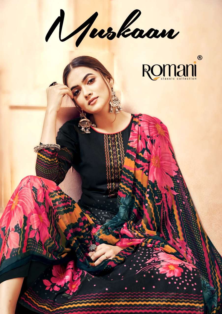 ROMANI MUSKAAN DESIGNER SWAROVSKI WORK WITH CAMBRIC COTTON DIGITAL STYLE PRINTED SUITS IN WHOLESALE RATE