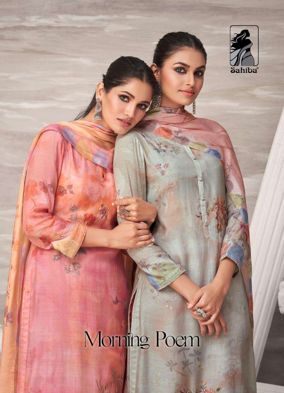 SAHIBA MORNING POEM DESIGNER HANDWORK AND EMBROIDERY WITH MUSLIN SILK DIGITAL PRINTED SUITS IN WHOLESALE RATE