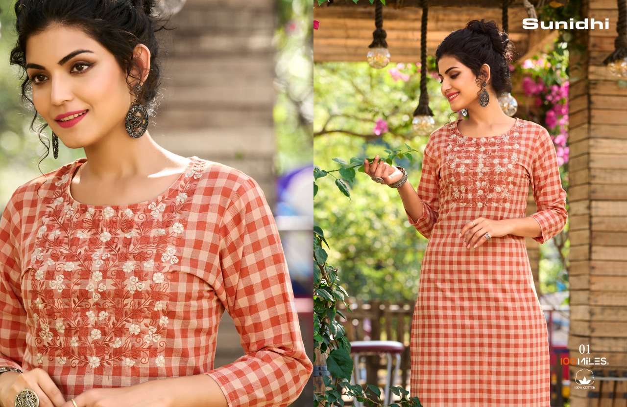 100MILES SUNIDHI DESIGNER COTTON EMBROIDERED DAILY WEAR KURTI IN WHOLESALE RATE
