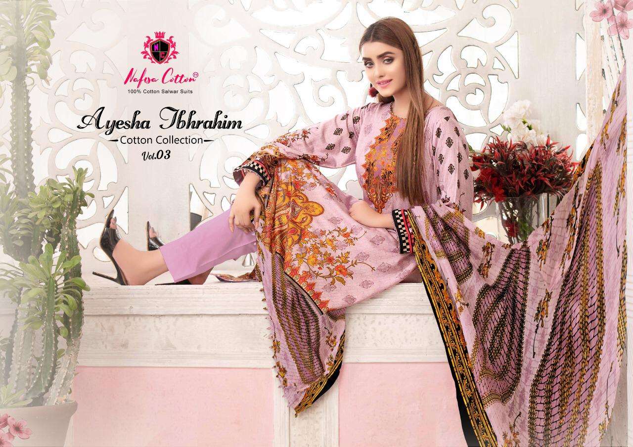 NAFISA COTTON AYESHA IBRAHIM COTTON COLLECTION VOL 3 DESIGNER COTTON PRINTED DAILY WEAR SUITS IN WHOLESALE RATE
