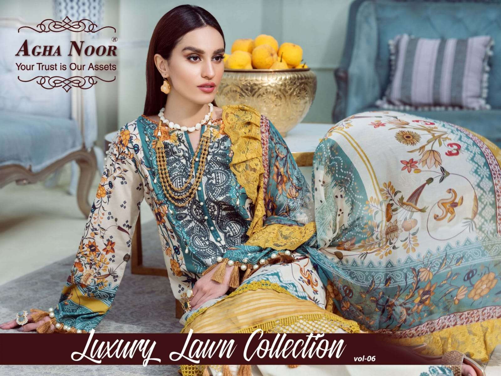 AGHA NOOR LUXURY LAWN COLLECTION VOL 6 DESIGNER LAWN COTTON PRINTED SUITS IN WHOLESALE RATE 