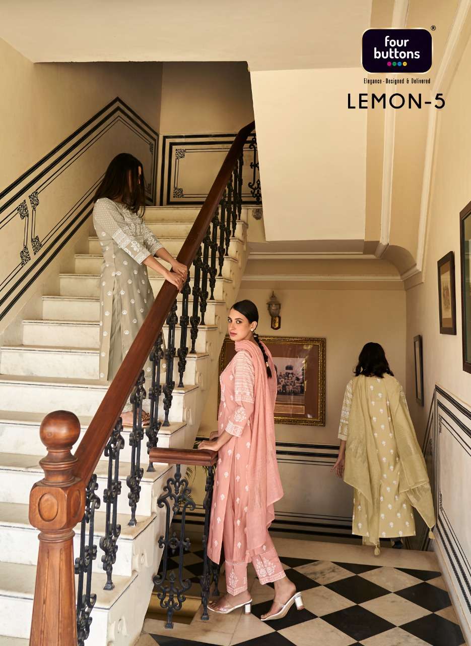 FOUR BUTTONS LEMON 5 DESIGNER HANDWORK WITH MODAL CHANDERI SILK PRINTED READYMADE SUITS IN WHOLESALE RATE 